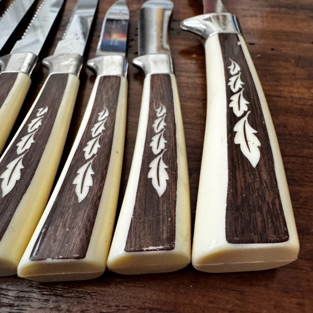 MCM‎ Vintage 10 Regent Sheffield Kitchen Knives & One fork Ivory Brown Leaf
